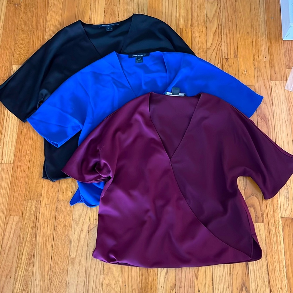 BUNDLE set of 3 French Connection wrap tops short sleeve blue burgundy black